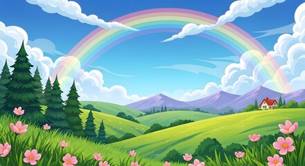 Obraz premium Serene landscape with rainbow over green hills and flowers