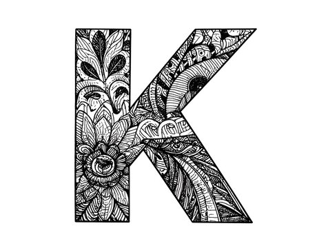 Intricate letter "K" illustration filled with organic patterns in black ink, isolated on a white background