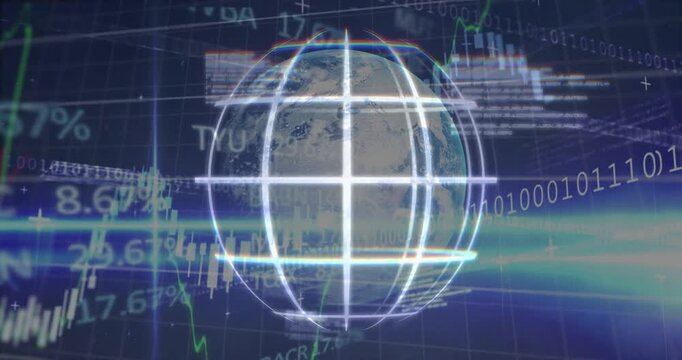 On data feed arrival central globe rotating, wireframe shimmering, charts updating, showing markets
