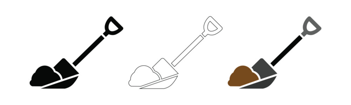 Shovel Tool Vector Icons Set | Black Outline Brown Gardening Shovel Illustrations