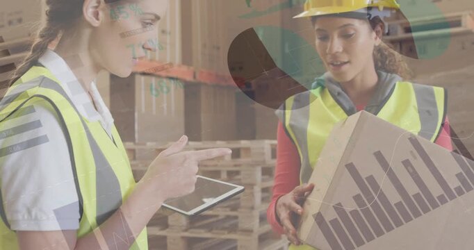 Two warehouse workers scanning box label, tapping tablet, logging stock while charts overlaying