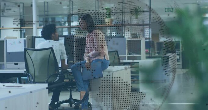 Woman ending call, showing folder; man pointing screen, collaborating on business via dotted decal