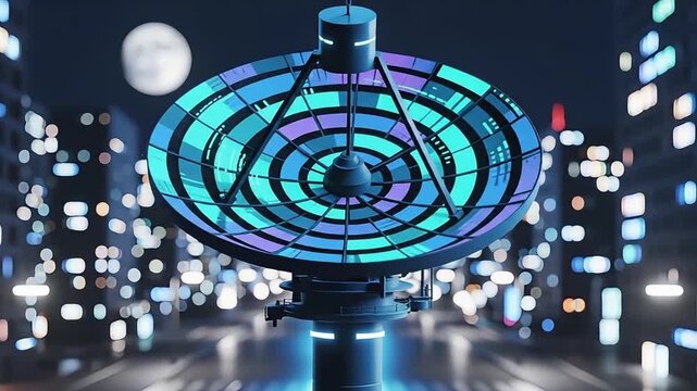 Futuristic satellite dish with colorful glowing lights in a modern city at night, symbolizing advanced technology and communication