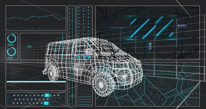 HUD panels sliding in, scan line sweeping van, data updating and marking components for diagnostics