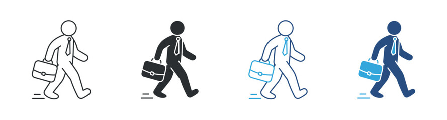 Naklejka premium Businessman Walking Icon Set, Professional Career Movement, Office Worker with Briefcase Symbol, Vector Illustration