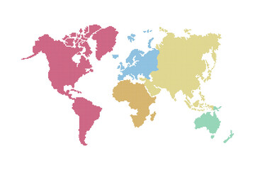 Vector illustration of a dotted world map isolated on white. World map with different colors for each continent. Dark and light colors for each continent.
