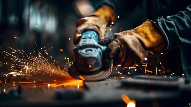 Working with a grinder in a workshop while sparks fly from metal during a late afternoon session