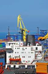 Fototapeta premium Bulk cargo ship under port crane