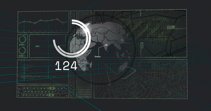 Grid activating, HUD emerging, mesh globe rotating while ring growing and readout showing metrics