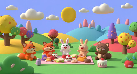 Obraz premium Colorful cartoon animals enjoy picnic in sunny meadow with food