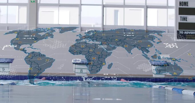 Swimmer breathing out at pool edge and pushing off, world map overlay tracking training data