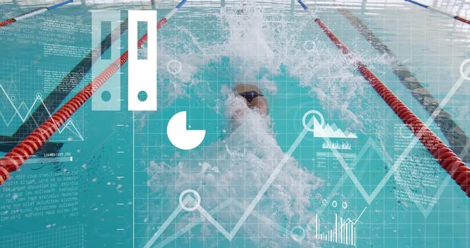 Male swimmer bracing on start block pushing off into backstroke HUD charts tracking swim training