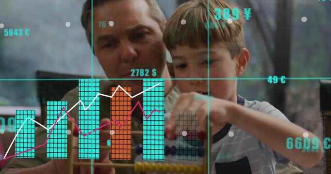 Parent guiding boy while sliding abacus beads home, teaching counting as finance HUD charts growing