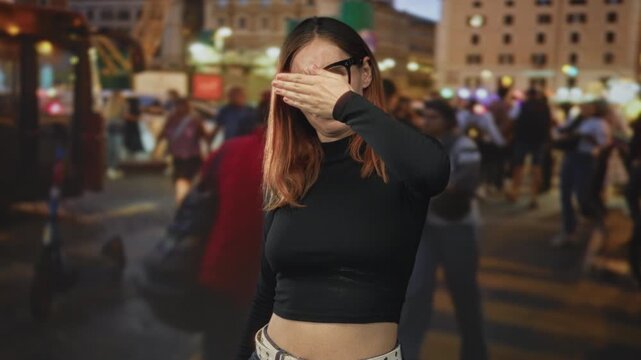 Young redhead woman shields her eyes with her hand on a crowded night street amid blurred city lights; privacy anxiety.