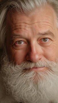 Vertical video: Smiling bearded senior easing mouth and blinking in studio, responding to lens