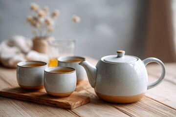 Fototapeta premium Ceramic Teapot With Cups on Wooden Table for a Tea Ritual in a Cozy Setting With a Soft Background
