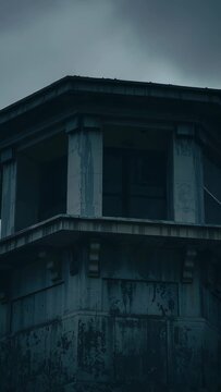Vertical video: Showing tower standing on rooftop in grey sky, exposing recessed window and railing