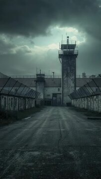 Vertical video: Shifting cloud break revealing concrete watchtower at secure site exposing neglect