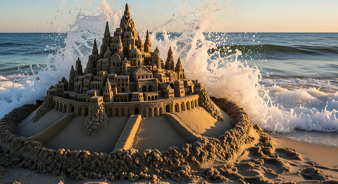 Intricate sandcastle fortress on a beach battered by a large wave, symbolizing the ephemeral nature of human creation and the power of nature.
