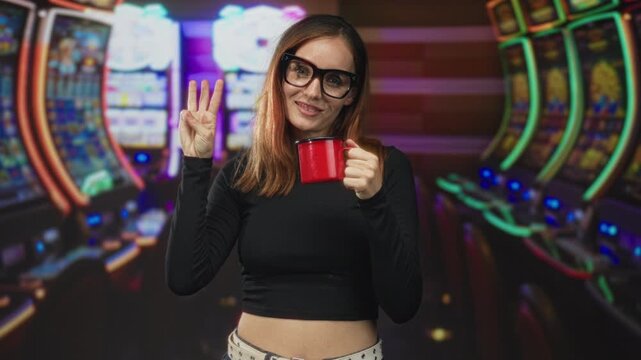 Woman shows peace sign while holding a red mug and smiling amid slot machines in a building; playful leisure.