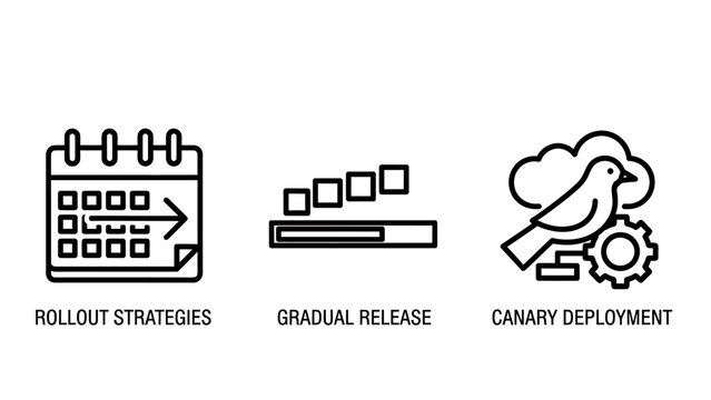 Software Deployment and Release Strategy Icons. Rollout Plans, Gradual Updates, and Canary Deployment Methods Line Art for IT Development.