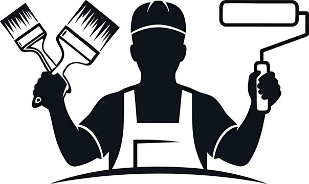 Professional House Painter Holding Paint Brushes and Roller Painting Service Worker Illustration