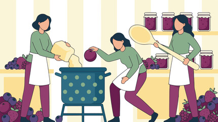 Women making homemade berry jam with fresh fruit in a kitchen illustration © StockStudio