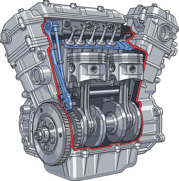 Detailed Cutaway View of a Four-Cylinder Internal Combustion Engine.
