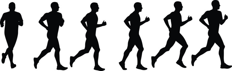 Male runner silhouettes. Group of men jogging or running in various poses, side view vector illustration