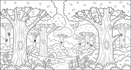 Obraz premium A black and white illustration of a forest scene isolated on transparent background