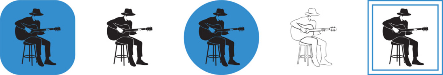 Fototapeta premium Minimalist vector graphic illustration depicting a seated musician wearing a fedora playing an acoustic guitar, presented in various modern icon styles.