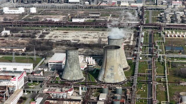 Aerial drone view to oil refinery plant for primary and deep oil refining. Lukoil, Eastern Europe, Burgas, Bulgaria