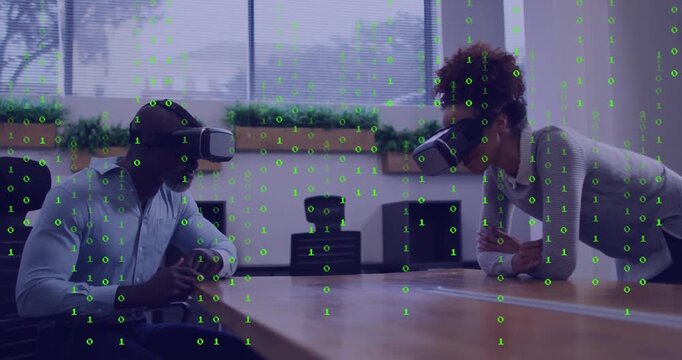 Man manipulating handheld device while woman leaning over table initiating tech overlay for review