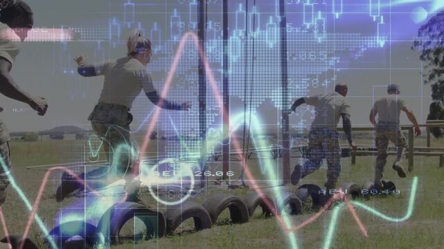 Lead man stepping onto first tire, four teammates hopping across tires in training, data overlaying