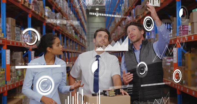 Warehouse crew reaching racks, lead gesturing, operator scanning cart, AR data showing stock charts