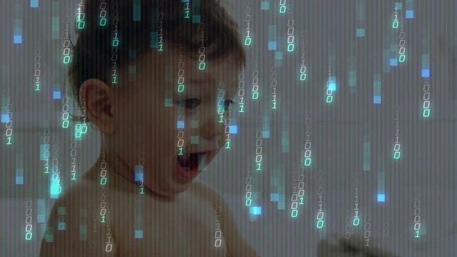 Baby lifting blue knit hat, removing, studying while binary digits scanlines overlaying frame tech