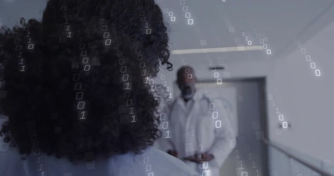 Woman standing in ward as doctor approaching with scope, camera shifting and binary rising for care