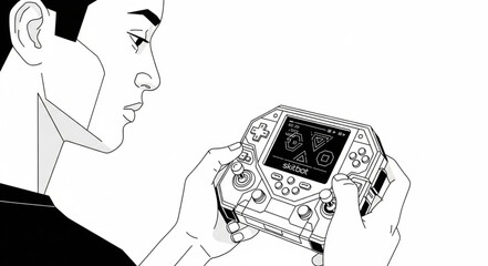 Man intently focused on a handheld device, observing its display with concentration. © Kar