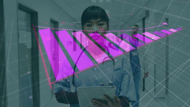 Vertical video: Seeing alert on tablet, nurse checking records in hospital, magenta AR, stethoscope