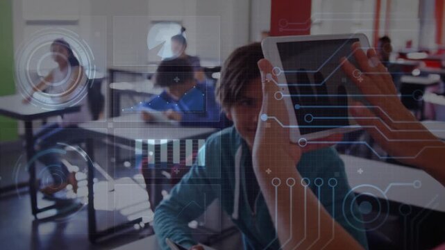 Teacher tapping tablet in classroom, activating HUD finding homography and warping right onto left