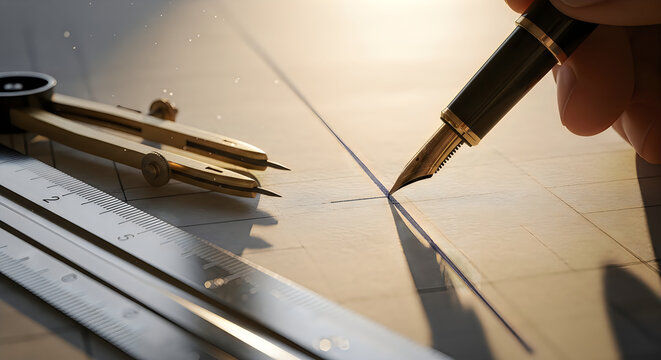 Hand drawing precise lines with technical pen and compass