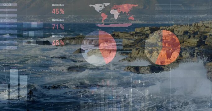 Semi-transparent HUD fading in from left animating charts over rocky shore showing metrics