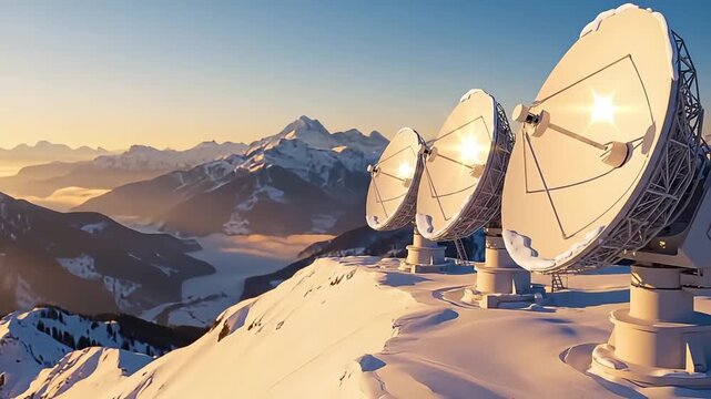 Satellite dishes on a snow-covered mountain ridge with majestic peaks in the background during sunset