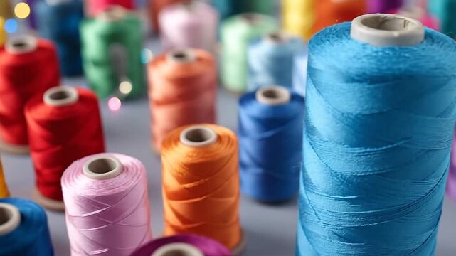 Vibrant spools of thread in various colors, arranged on a light gray background, ready for sewing.