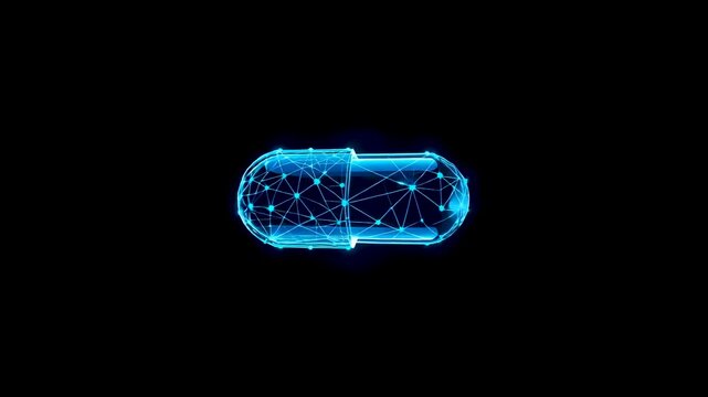 Glowing blue digital capsule made of connected lines and dots floating on black background