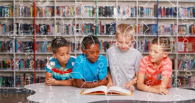 Four boys leaning on library book, turning page and sparking science overlay, learning and laughing