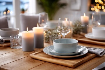 Fototapeta premium Wooden Dining Table Set With Ceramic Plates and Candles in Neutral Tones Creates Hygge Dinner Atmosphere for Gathering and Sharing Moments
