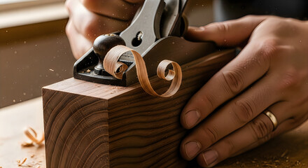 Obraz premium Close up of hands planing wood with a block plane