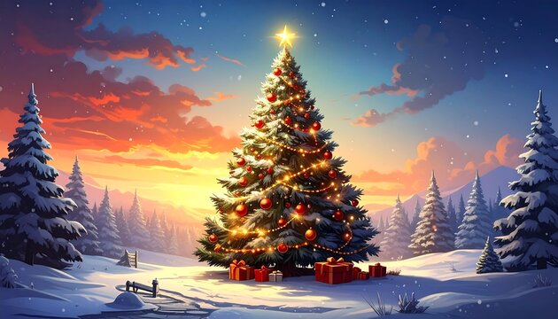 A snow-covered Christmas tree stands tall amidst a serene winter landscape
