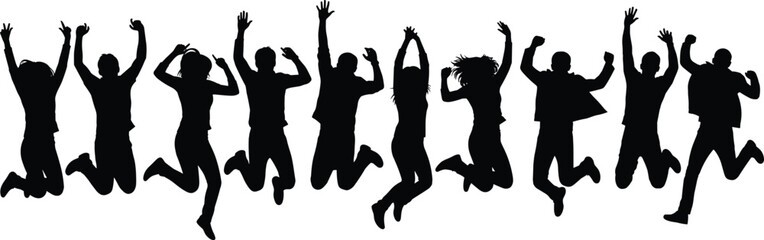 Group of diverse people in black silhouette jumping with arms raised in the air on a white background, symbolizing freedom, success, and joy